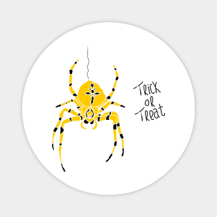 yellow spider with black stripes and trick or treat typography Magnet